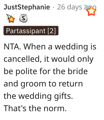 Screen Shot 2022 11 25 at 1.39.20 PM They Canceled a Wedding Gift After the Wedding Got Called Off. Are They Wrong?